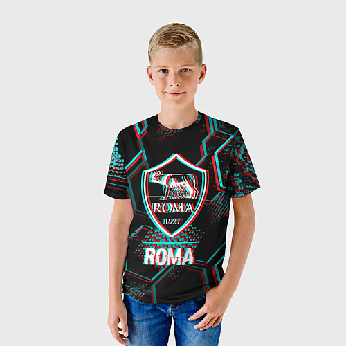 Детская футболка Roma FC в стиле Glitch на темном фоне / 3D-принт – фото 3