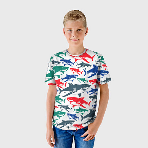 Детская футболка Стая разноцветных акул - паттерн / 3D-принт – фото 3