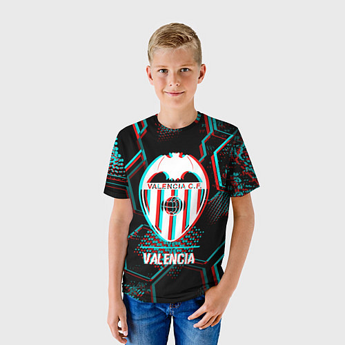 Детская футболка Valencia FC в стиле glitch на темном фоне / 3D-принт – фото 3