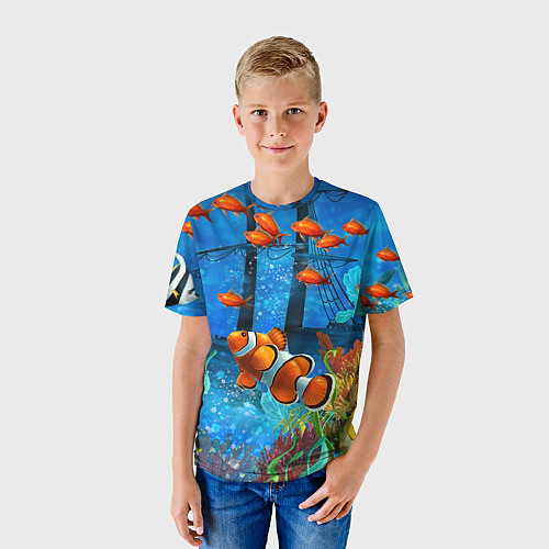 Детская футболка Затонувший корабль в окружении обитателей океана / 3D-принт – фото 3