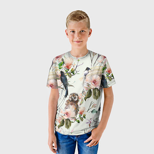 Детская футболка Цветы Нарисованные Магнолии и Птицы / 3D-принт – фото 3