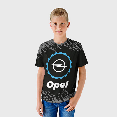 Детская футболка Opel в стиле Top Gear со следами шин на фоне / 3D-принт – фото 3