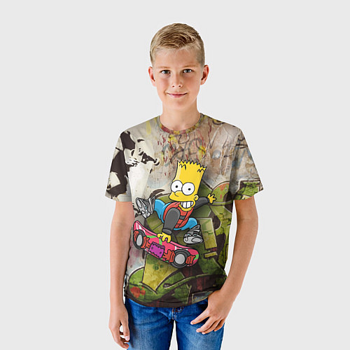 Детская футболка Скейтбордист Барт Симпсон на фоне граффити / 3D-принт – фото 3