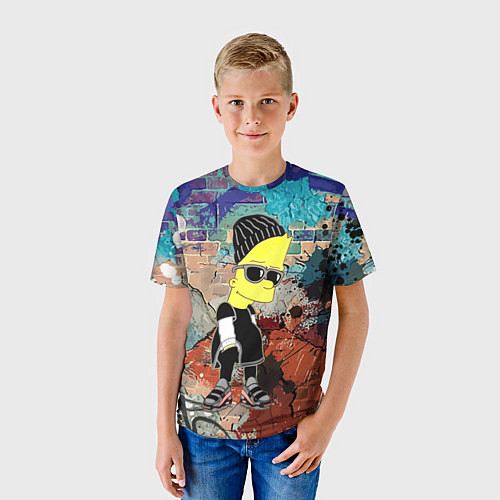Детская футболка Барт Симпсон в тёмных очках на фоне граффити / 3D-принт – фото 3