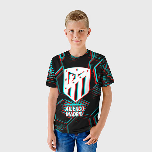 Детская футболка Atletico Madrid FC в стиле glitch на темном фоне / 3D-принт – фото 3