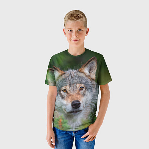 Детская футболка Волк на фоне зелени / 3D-принт – фото 3
