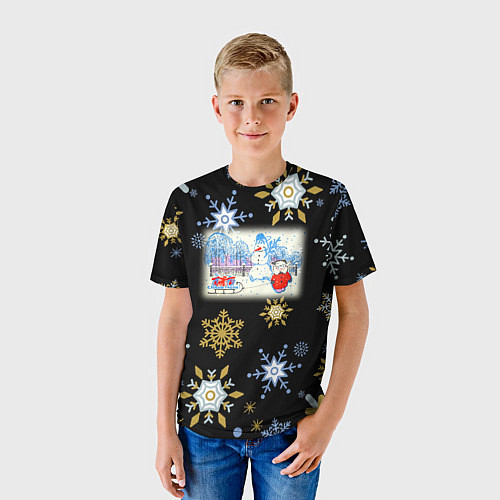 Детская футболка Новый год мальчик с санками / 3D-принт – фото 3