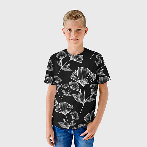 Детская футболка Графичные цветы на черном фоне / 3D-принт – фото 3