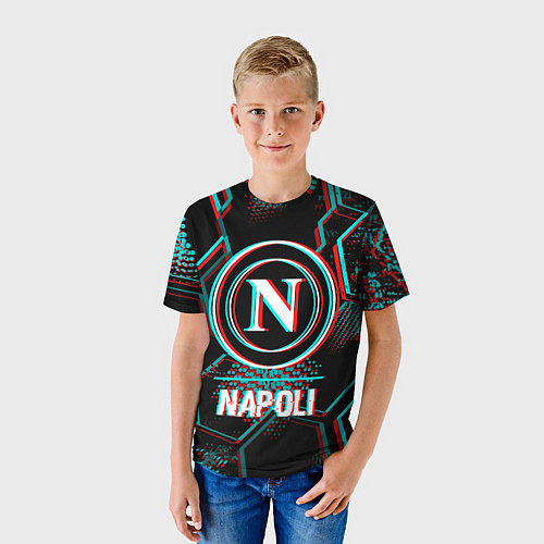 Детская футболка Napoli FC в стиле glitch на темном фоне / 3D-принт – фото 3