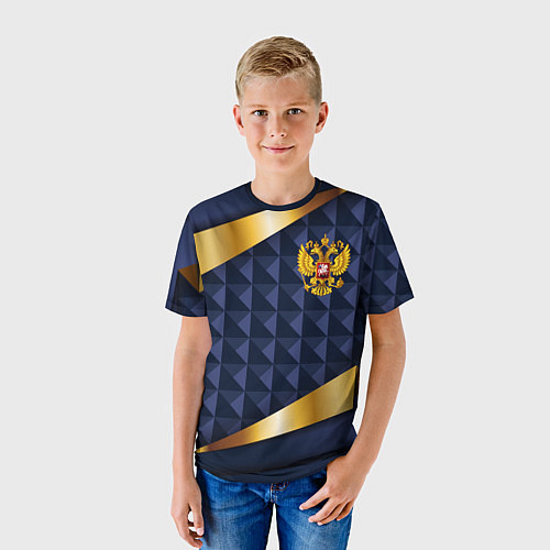 Детская футболка Золотой герб России на объемном синим фоне / 3D-принт – фото 3