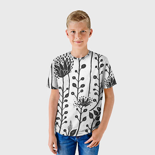 Детская футболка Нарисованные монохромные цветы / 3D-принт – фото 3