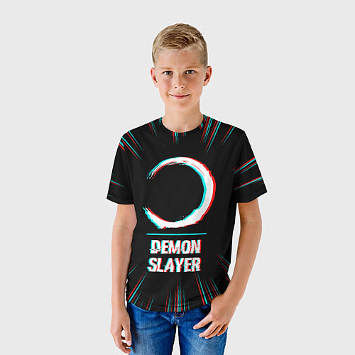 Детская футболка Символ Demon Slayer в стиле glitch на темном фоне / 3D-принт – фото 3