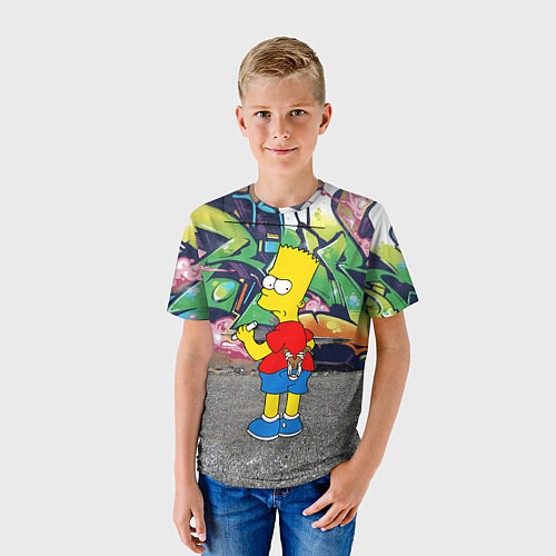 Детская футболка Хулиган Барт Симпсон на фоне стены с граффити / 3D-принт – фото 3