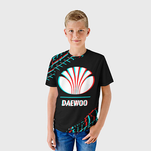 Детская футболка Значок Daewoo в стиле glitch на темном фоне / 3D-принт – фото 3