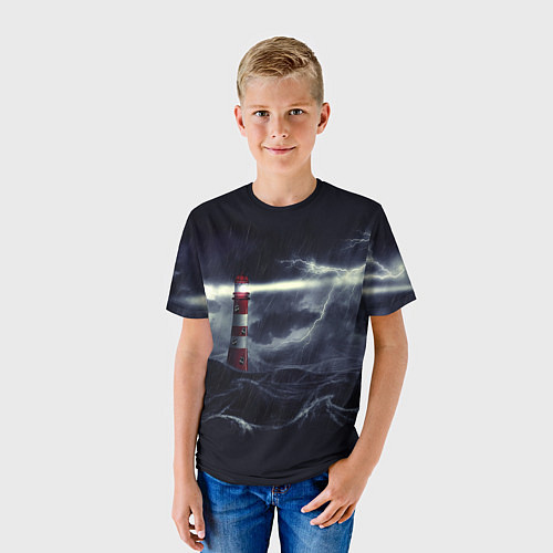 Детская футболка Маяк и штормовое море в ночи / 3D-принт – фото 3