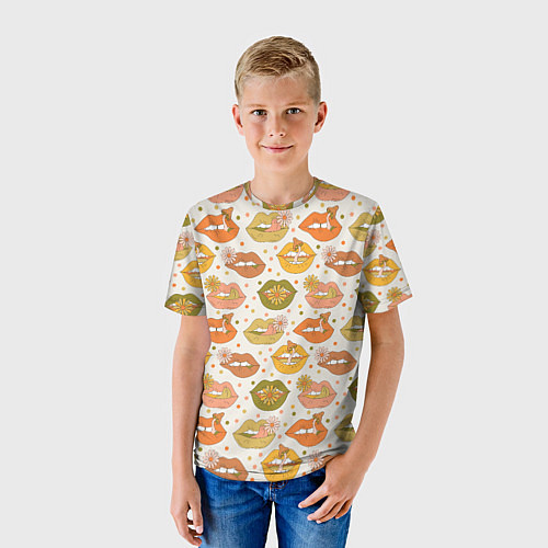Детская футболка Губы и цветы поп арт хиппи / 3D-принт – фото 3