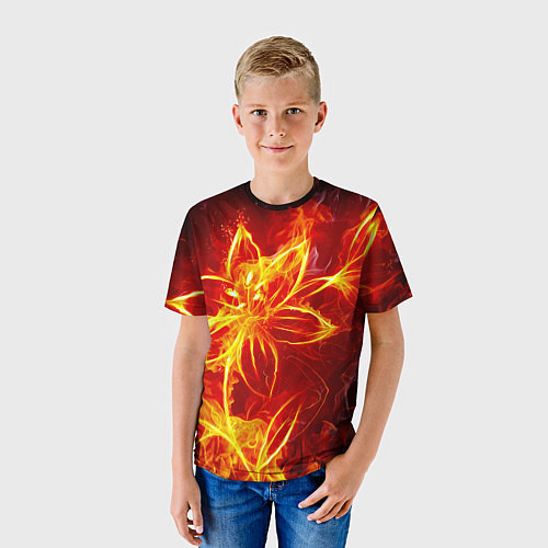 Детская футболка Цветок из огня на чёрном фоне / 3D-принт – фото 3