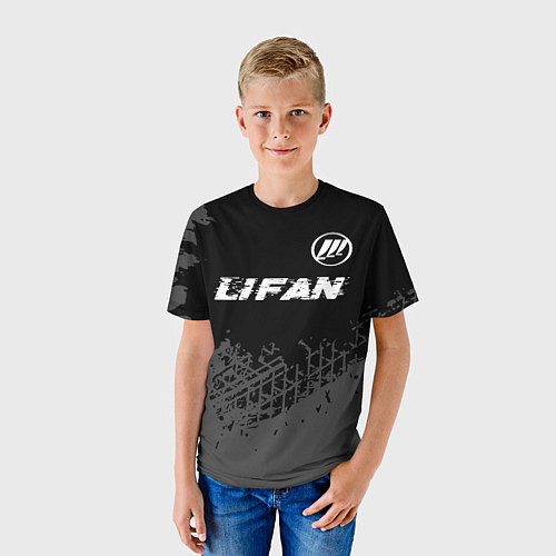 Детская футболка Lifan speed на темном фоне со следами шин: символ / 3D-принт – фото 3