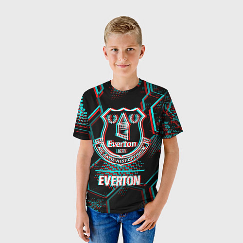 Детская футболка Everton FC в стиле glitch на темном фоне / 3D-принт – фото 3