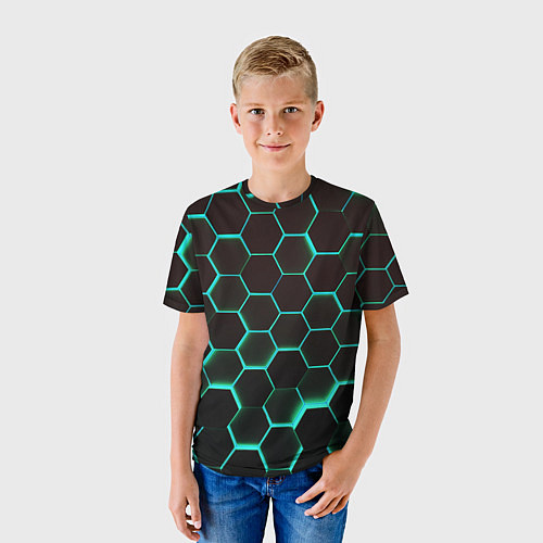 Детская футболка Соты на зеленом неоновом фоне / 3D-принт – фото 3