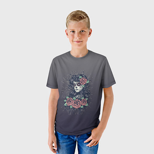 Детская футболка Девушка в образе санта муэрте с макияжем сахарный / 3D-принт – фото 3