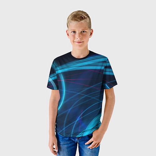 Детская футболка Синие абстрактные линии в темноте / 3D-принт – фото 3