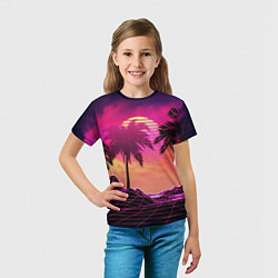 Футболка детская Пальмы и пляж в розовом закате ретро дизайн, цвет: 3D-принт — фото 2