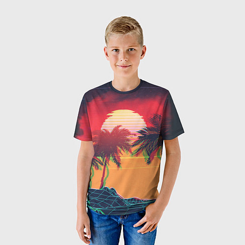 Детская футболка Пальмы и пляж на закате с помехами VHS ретро дизай / 3D-принт – фото 3