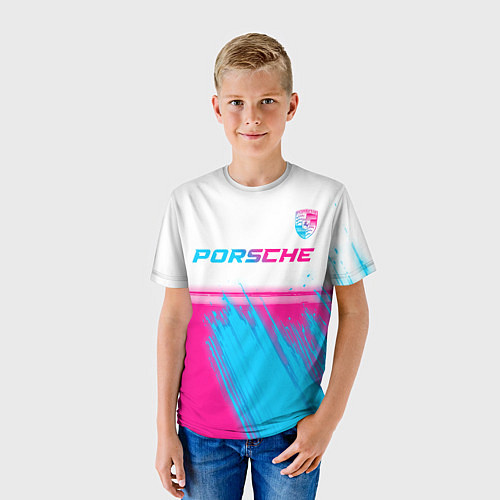Детская футболка Porsche neon gradient style: символ сверху / 3D-принт – фото 3