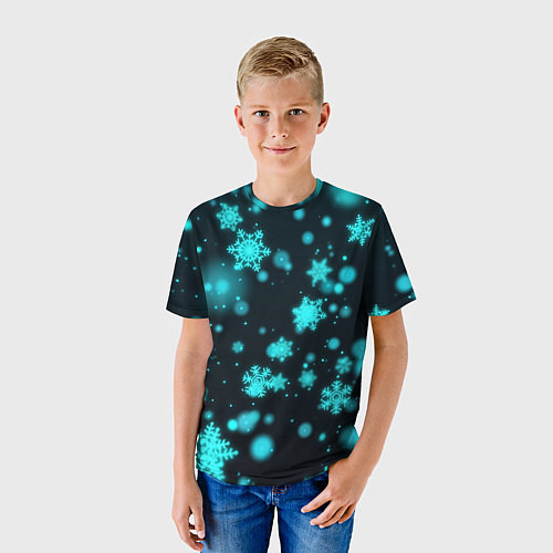 Детская футболка Неоновые снежинки на черном фоне / 3D-принт – фото 3