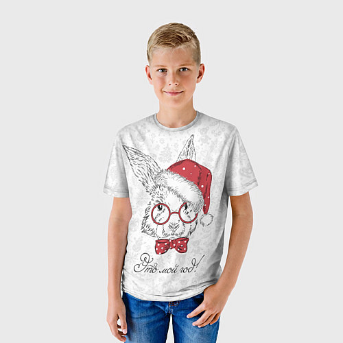 Детская футболка Это мой год! Кролик в шапке Деда Мороза / 3D-принт – фото 3
