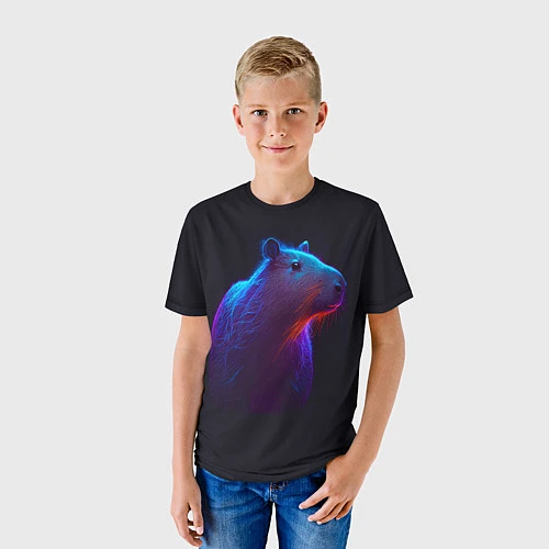 Детская футболка Неоновая капибара на чёрном фоне / 3D-принт – фото 3