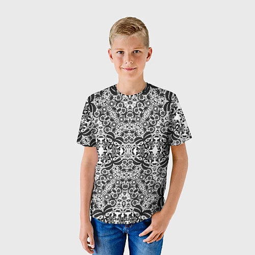 Детская футболка Черно-белый ажурный кружевной узор / 3D-принт – фото 3