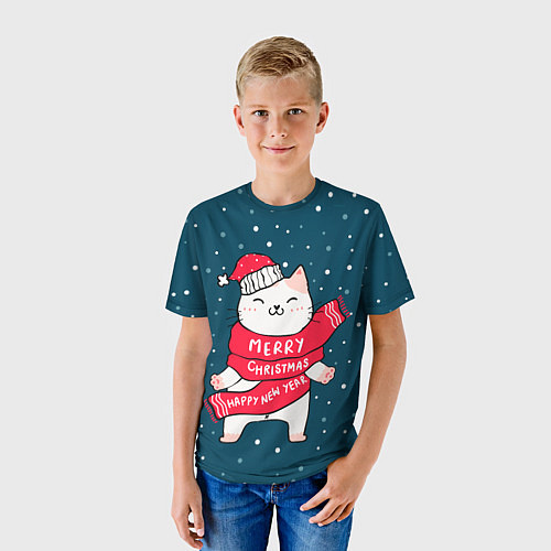 Детская футболка Новогодний котик в колпачке / 3D-принт – фото 3