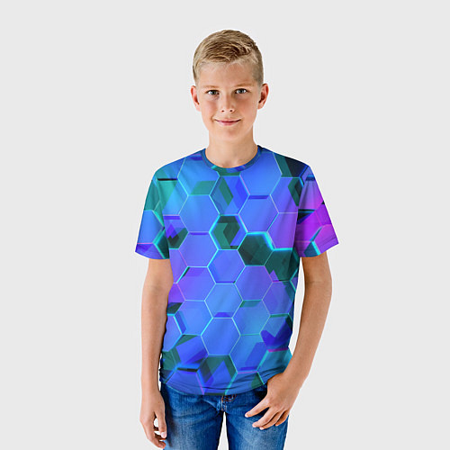 Детская футболка Синие неоновые плиты / 3D-принт – фото 3