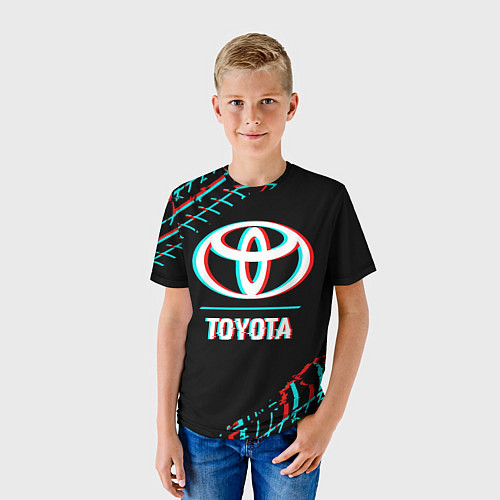 Детская футболка Значок Toyota в стиле glitch на темном фоне / 3D-принт – фото 3