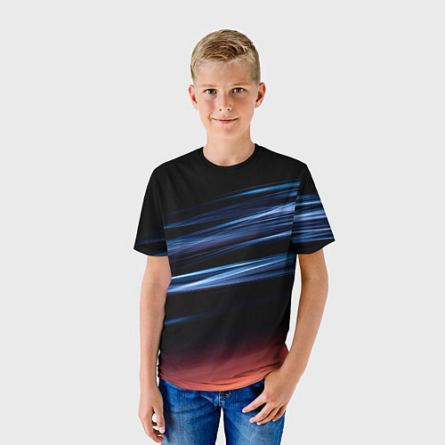 Детская футболка Синие и оранжевые линии во тьме / 3D-принт – фото 3
