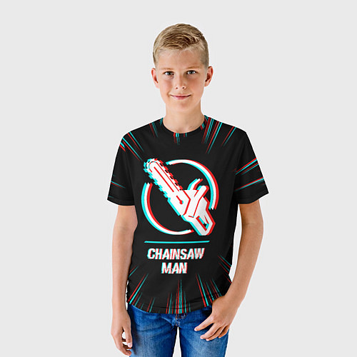 Детская футболка Символ Chainsaw Man в стиле glitch на темном фоне / 3D-принт – фото 3