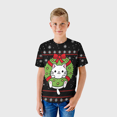 Детская футболка Рождественский венок с котиком / 3D-принт – фото 3
