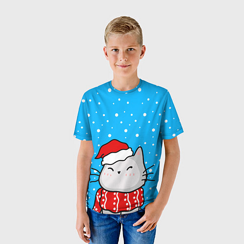 Детская футболка Снегопад - котик в шапочке / 3D-принт – фото 3