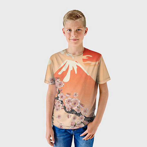 Детская футболка Ветка цветущей сакуры и вулкан / 3D-принт – фото 3
