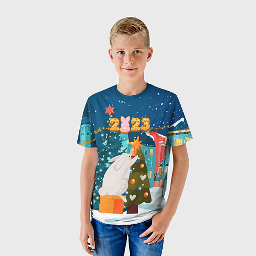 Детская футболка Большой заяц наряжает елку / 3D-принт – фото 3