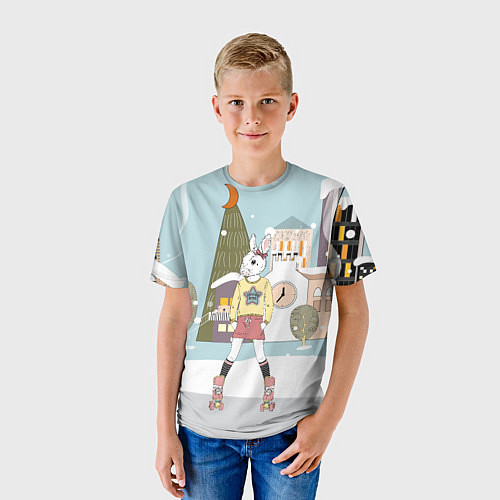Детская футболка Зайчиха на роликах на фоне елочки / 3D-принт – фото 3