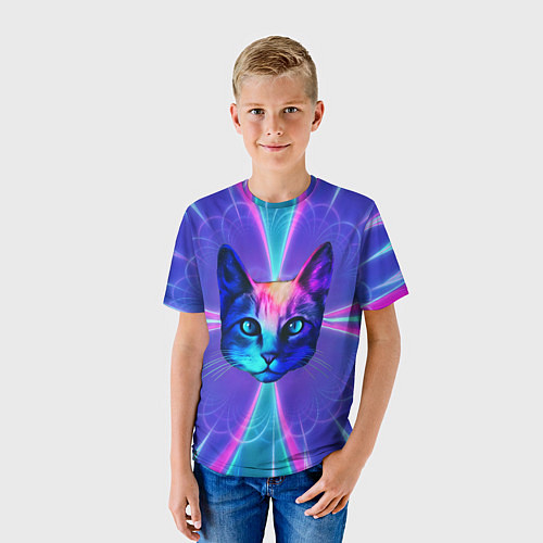 Детская футболка Яркий неоновый портрет кота / 3D-принт – фото 3