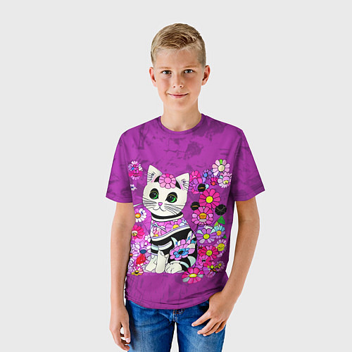 Детская футболка Зеленоглазый котенок в цветах / 3D-принт – фото 3