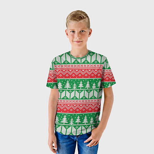 Детская футболка Зимний вязанный фон с елочками / 3D-принт – фото 3
