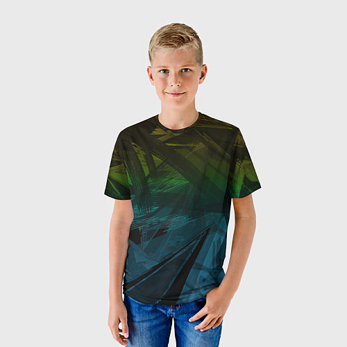 Детская футболка Черный абстрактный узор на сине-зеленом фоне / 3D-принт – фото 3
