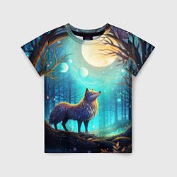 Футболка детская Волк в ночном лесу в folk art стиле, цвет: 3D-принт