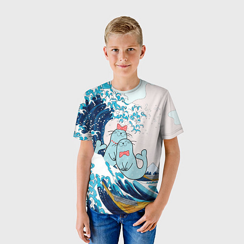 Детская футболка Влюбленные тюлени у большой волны Канагава / 3D-принт – фото 3