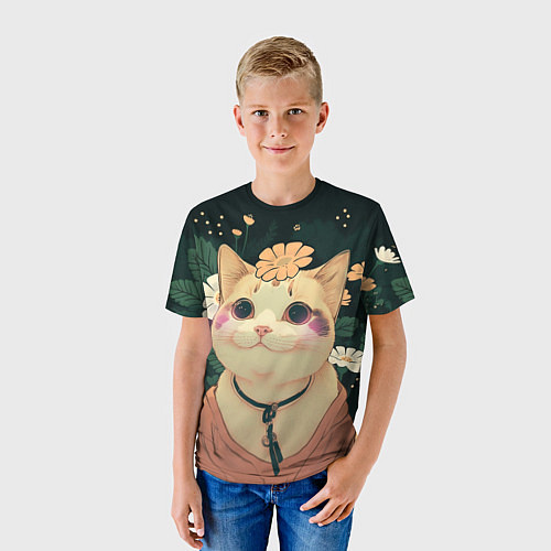 Детская футболка Смущённый мемный котик / 3D-принт – фото 3
